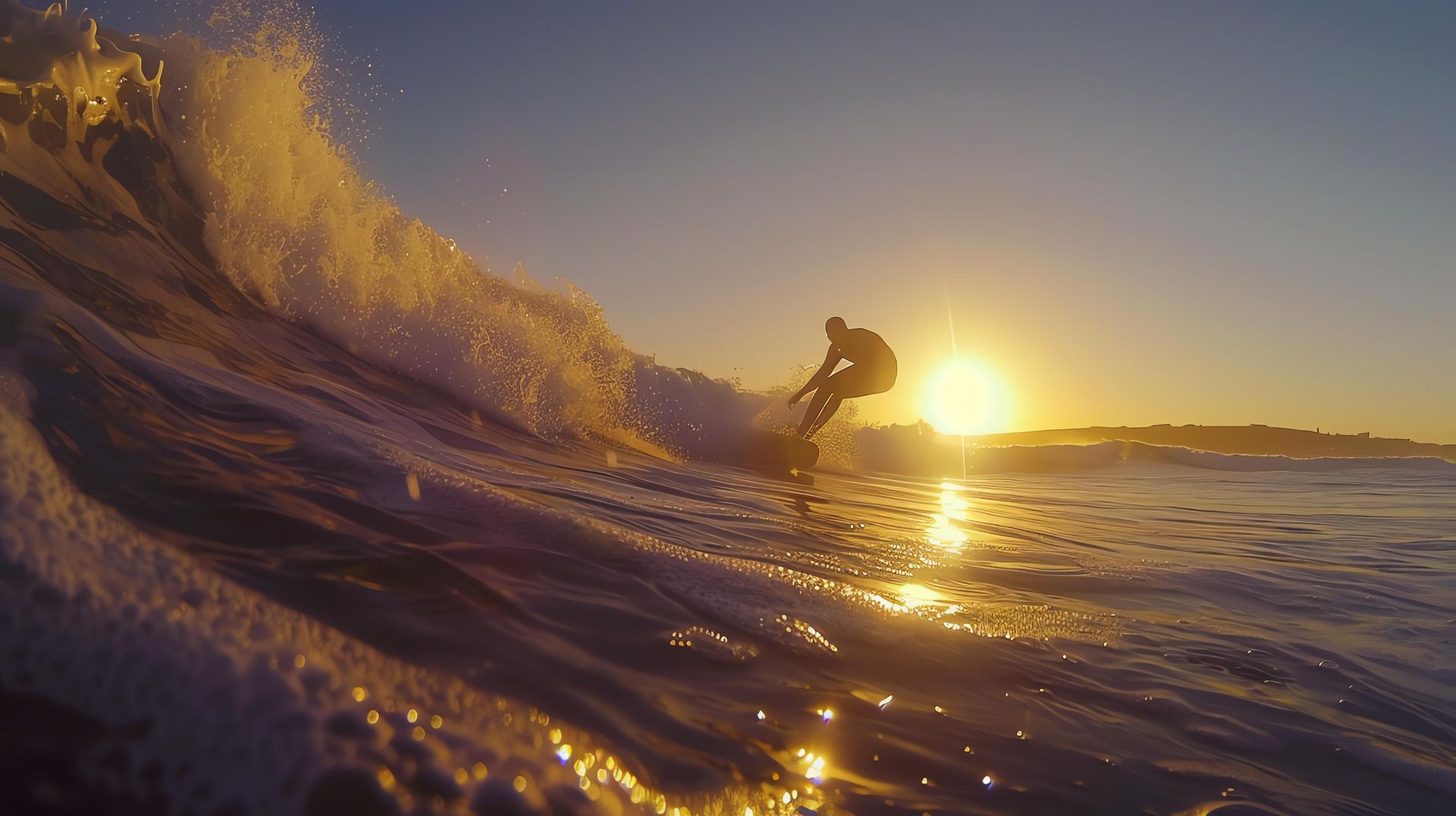 Surfeur sur une vague au coucher du soleil